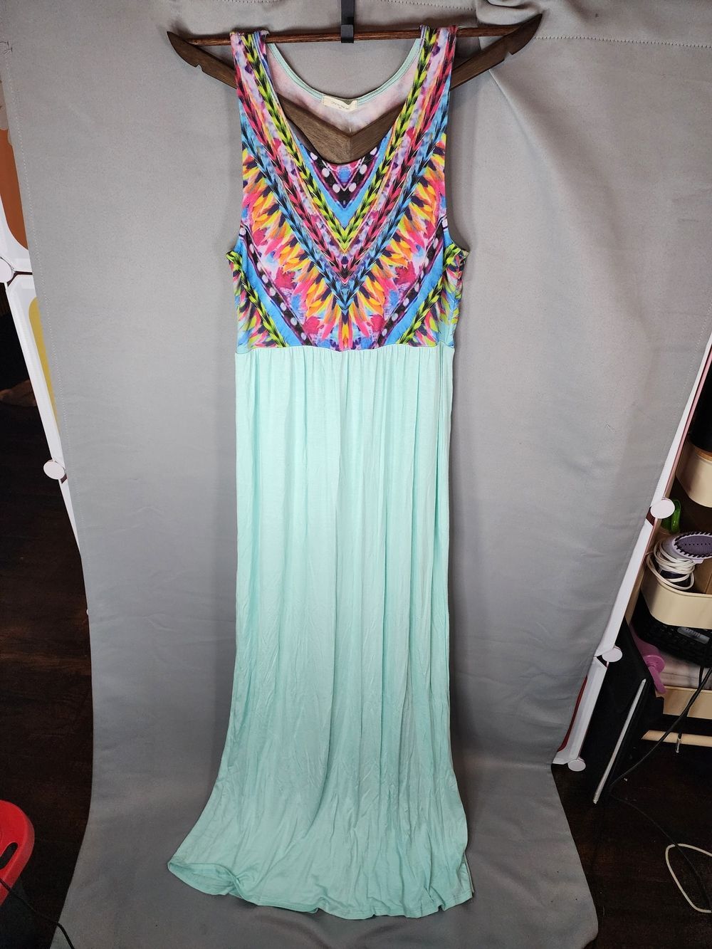12 Pm By Mon Ami Mint Maxi Dress with Colorful Printed Bodice